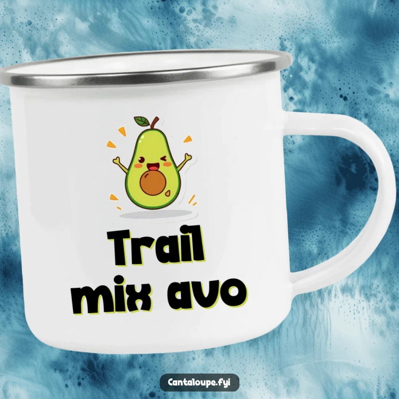 Funny Avocado Camping Mug: A durable enamel mug featuring a happy avocado character doing a silly stunt, perfect for outdoor fun.