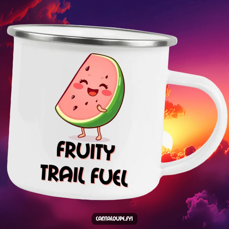Funny camping mug featuring a smiling watermelon wedge character wiggling enthusiastically, combining summer fun with outdoor enjoyment.