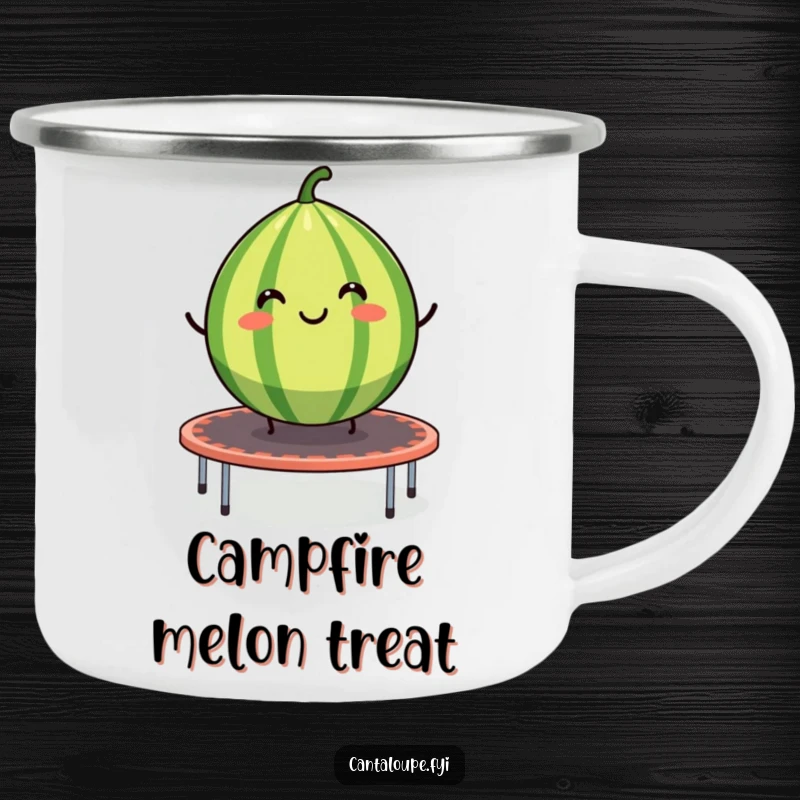 Funny camping mug with a smiling cantaloupe segment bouncing on a trampoline, for joyful outdoor enthusiasts.