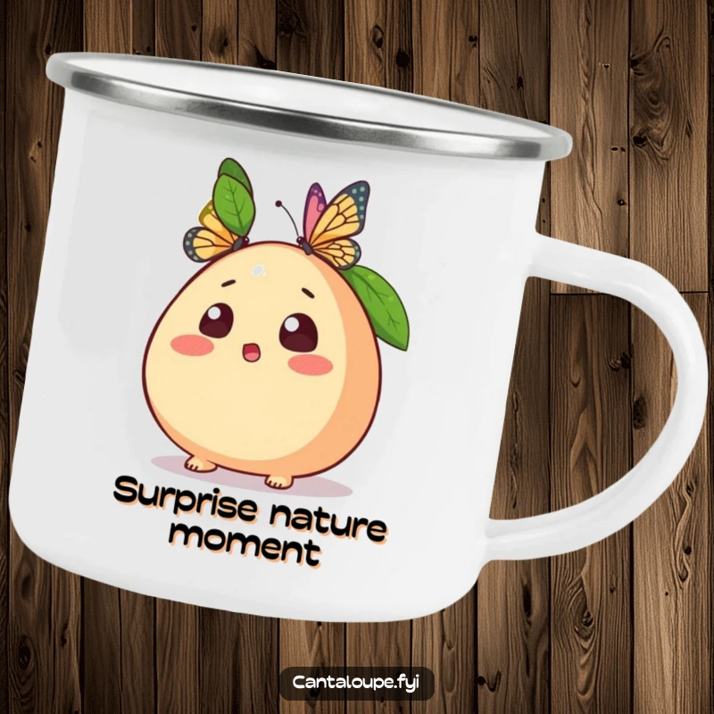 Funny enamel camping mug featuring a surprised cantaloupe character and a butterfly landing, perfect for outdoor enthusiasts.