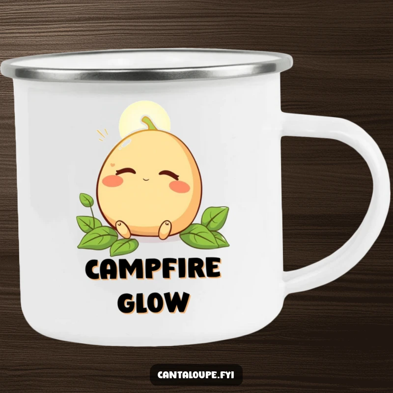 Funny enamel camping mug featuring a cantaloupe character peacefully basking in a sunbeam, perfect for outdoor enthusiasts.