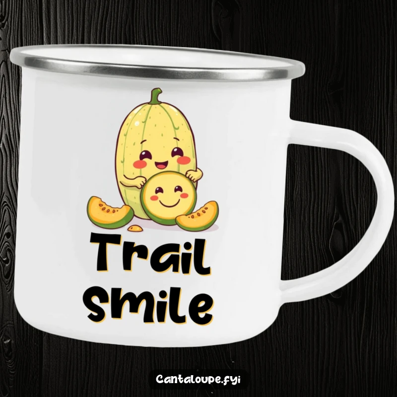 Funny camping mug showing a cantaloupe character enthusiastically carving a smiley face into a smaller melon, ready for your favorite hot beverage.