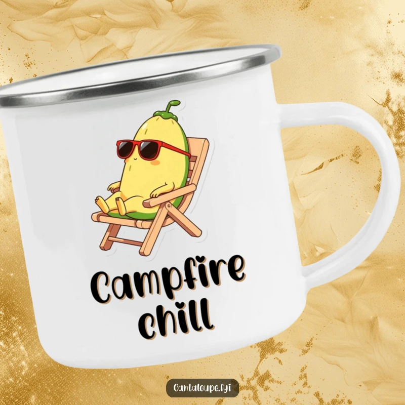Funny camping mug showing a cantaloupe character in sunglasses relaxing on a rind beach chair, ready for your favorite hot beverage outdoors.