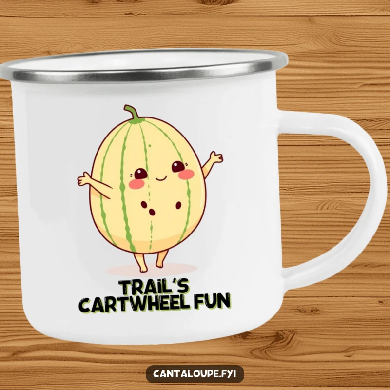 Funny camping mug depicting a cheerful cantaloupe with small feet, doing a cartwheel with delight.