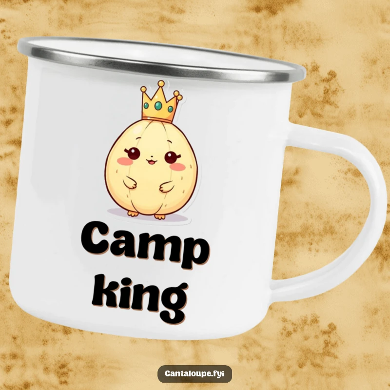 Funny cantaloupe character wearing a crown on a durable camping mug, fitting for regal outdoor adventures.