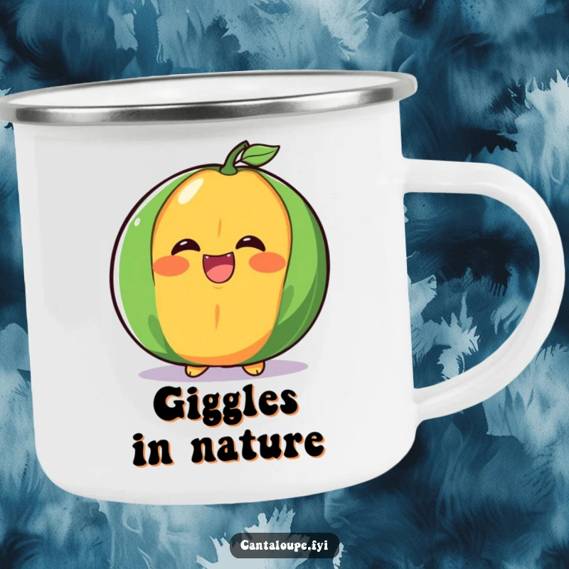 Funny cantaloupe half camping mug, mid-giggle with a big, juicy laugh, perfect for outdoor sipping with humor.