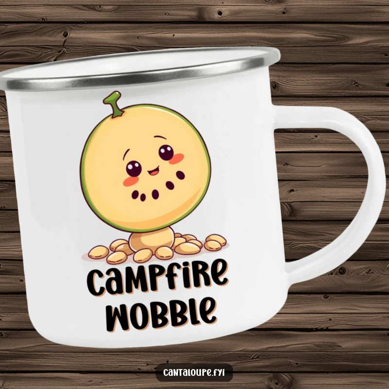 Funny camping mug depicting a wobbly cantaloupe slice character balancing on seeds, ideal for outdoor enthusiasts.