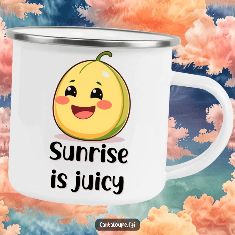Funny Cantaloupe Camping Mug with a comically wide-smiling character, bursting with juiciness, perfect for outdoor drinks.