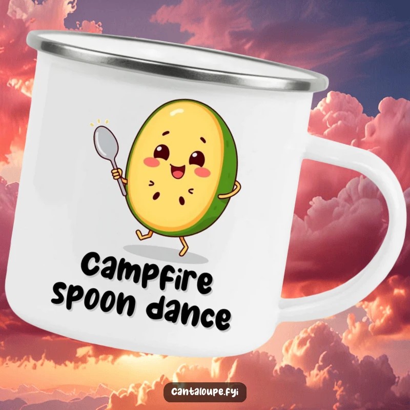 Funny Cantaloupe Slice Camping Mug: A cheerful cantaloupe character dances with a spoon, ideal for rugged adventures and keeping spirits high. Fun outdoors.
