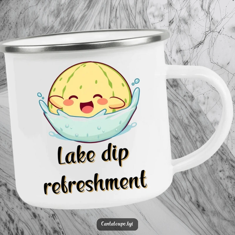 Funny camping mug showing a cantaloupe character joyfully splashing into water, ready for your favorite hot beverage in the wild.