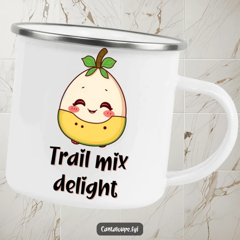 Funny cantaloupe character looking excited to be part of a fruit salad, designed for an enamel camping mug.