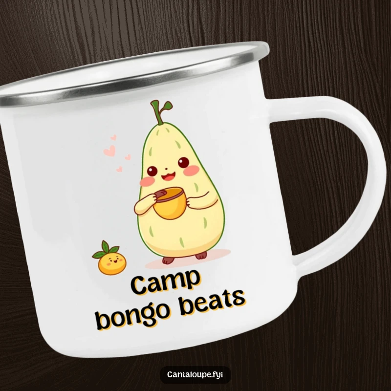 Funny Camping Mug: Cantaloupe character playing a tiny bongo drum with a melon scoop, perfect for music lovers outdoors.