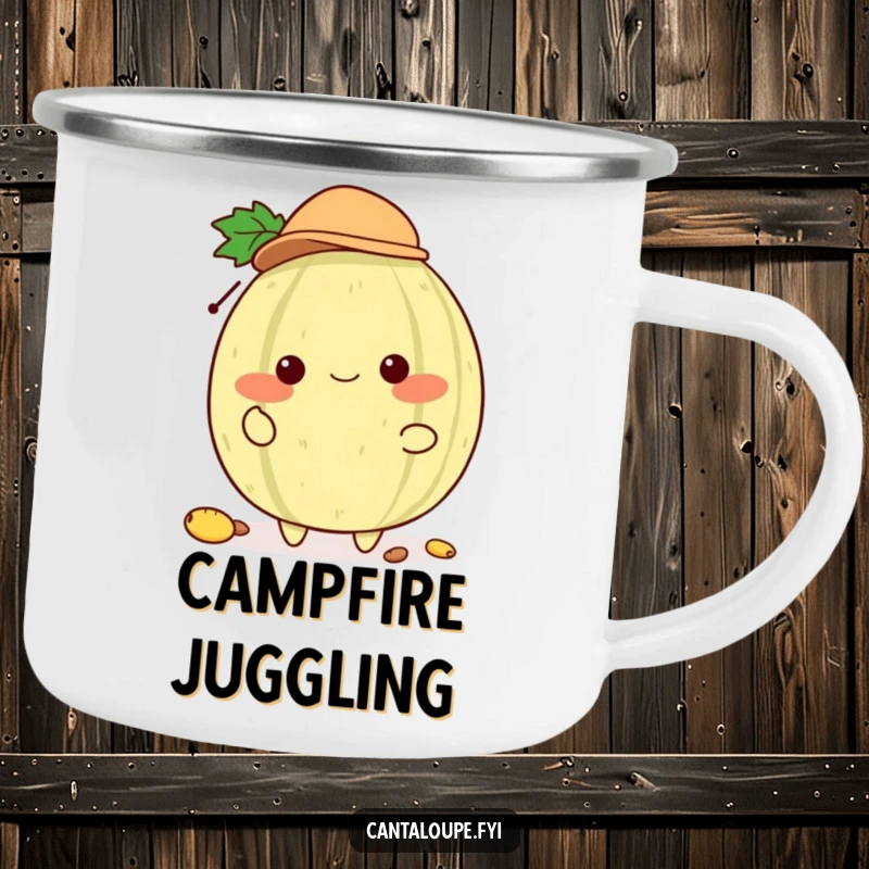 Funny Cantaloupe Juggler Camping Mug: A durable camping mug featuring a cantaloupe character with a tiny hat, juggling seeds, for rugged humor.