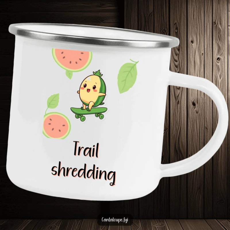 Funny camping mug showcasing a cantaloupe character riding a giant watermelon like a skateboard, perfect for enjoying beverages during outdoor adventures.