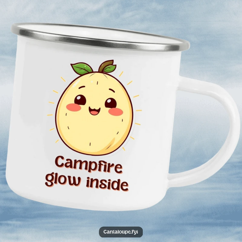 Funny Cantaloupe Camping Mug: A durable mug with a smiling cantaloupe character radiating warmth, perfect for outdoor sipping.