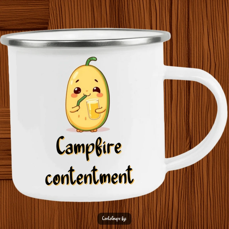 Funny camping mug showcasing a cantaloupe character with a satisfied look, sipping juice through a straw, perfect for enjoying beverages outdoors.