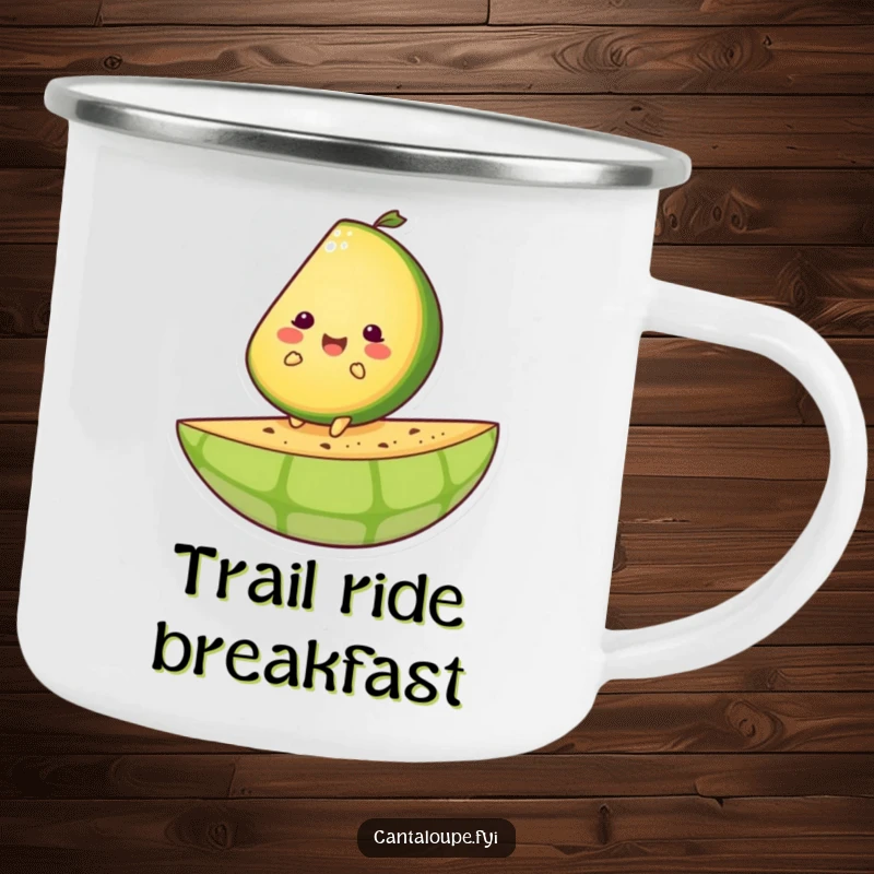Funny camping mug with a happy cantaloupe slice character riding a giant melon rind, perfect for outdoors.