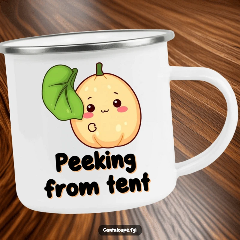 Funny Camping Mug: A shy cantaloupe peeks from behind a leaf with a timid smile. Great for outdoor fun and a funny gift.