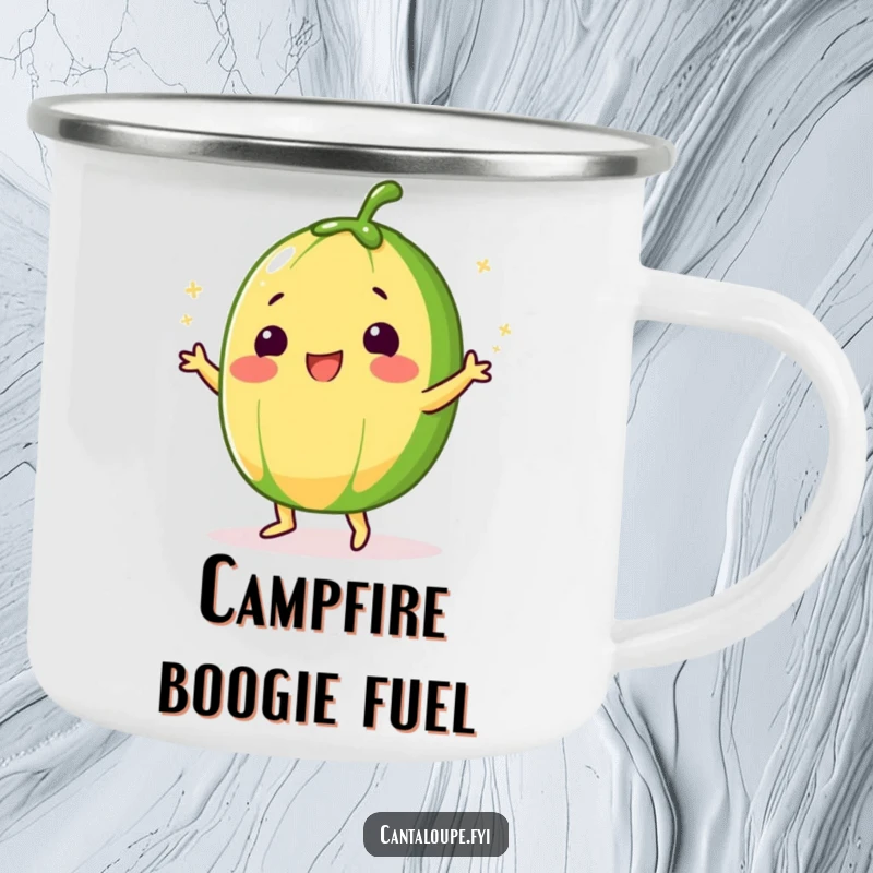 Funny Cantaloupe Camping Mug featuring a character doing a silly dance, dusted with sugar, perfect for outdoor drinks.