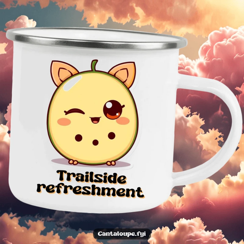 Funny Cantaloupe Camping Mug: A durable mug with a winking cantaloupe wedge, ideal for humorous outdoor adventures.