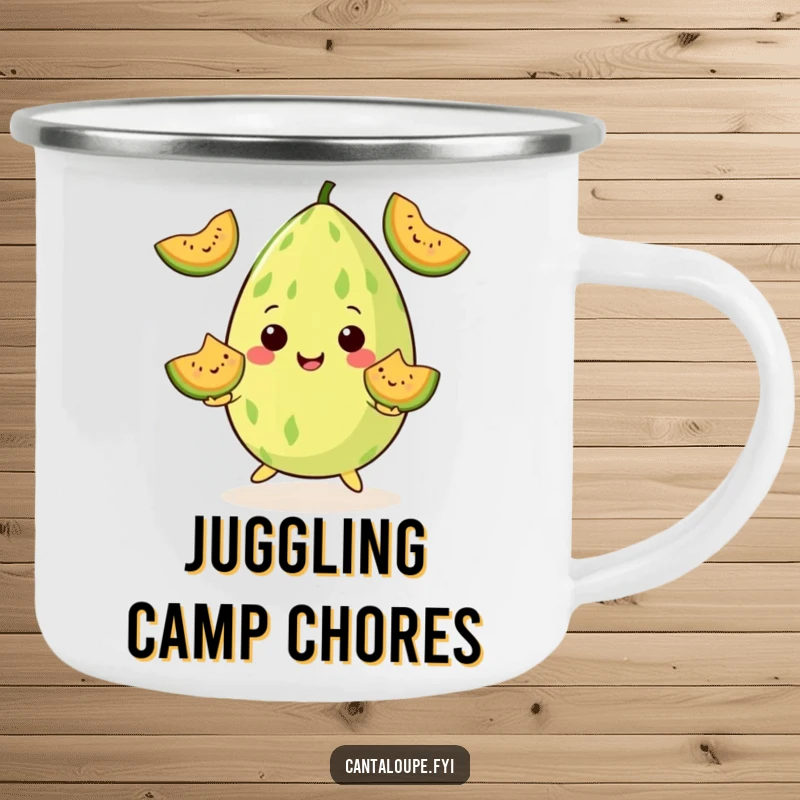 Funny Camping Mug: A cantaloupe juggles smiling melon wedges with flair. Great for outdoor fun and a funny gift.