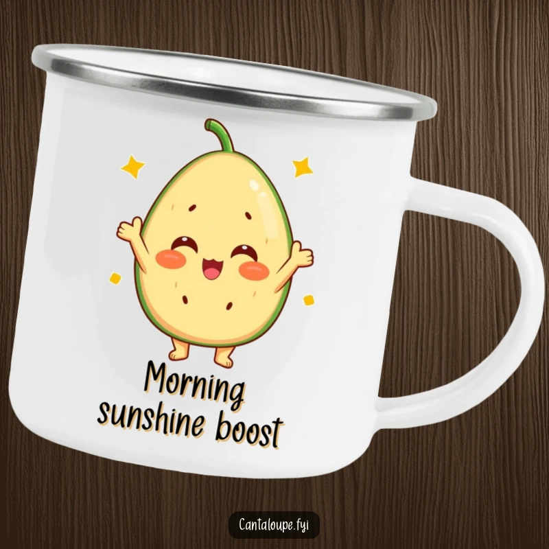 Funny Cantaloupe Camping Mug: A durable mug featuring a cheerful cantaloupe character with a sunny disposition, ideal for adventures.