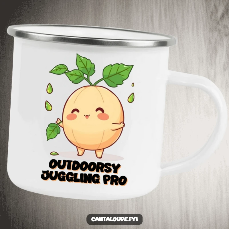 Funny cantaloupe character juggling leaves on a sturdy camping mug, ready for outdoor fun and morning brews.