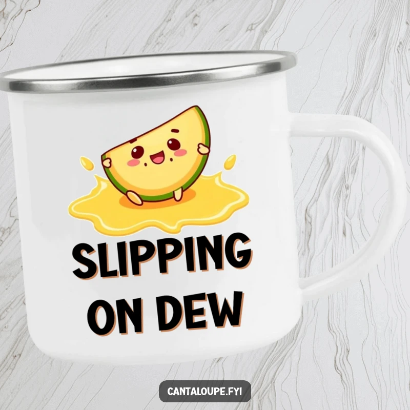 Funny camping mug with a cantaloupe slice character comically slipping on a cantaloupe juice puddle, perfect for outdoors.