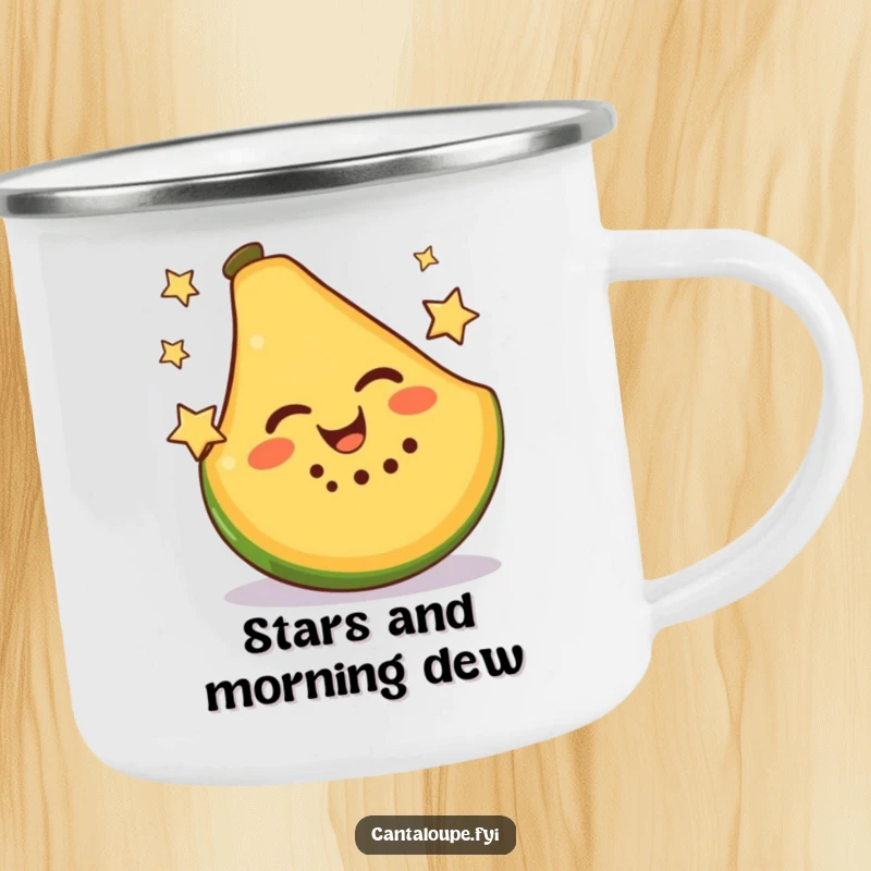 Funny Camping Mug showcasing a happy cantaloupe slice juggling two tiny stars, perfect for campfire tales and laughter.