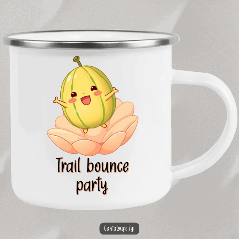 Funny cantaloupe character joyfully bouncing on a petal, featured on a durable camping mug for lively outdoor moments.