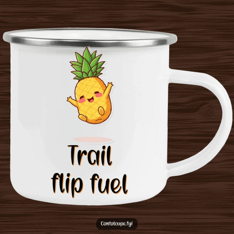 Funny Pineapple Camping Mug: A sturdy enamel mug featuring a pineapple chunk character somersaulting, perfect for outdoor laughs.