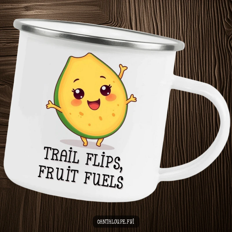 Funny Cantaloupe Slice Camping Mug: A cheerful cantaloupe character executes a playful somersault, ideal for rugged adventures and big laughs.