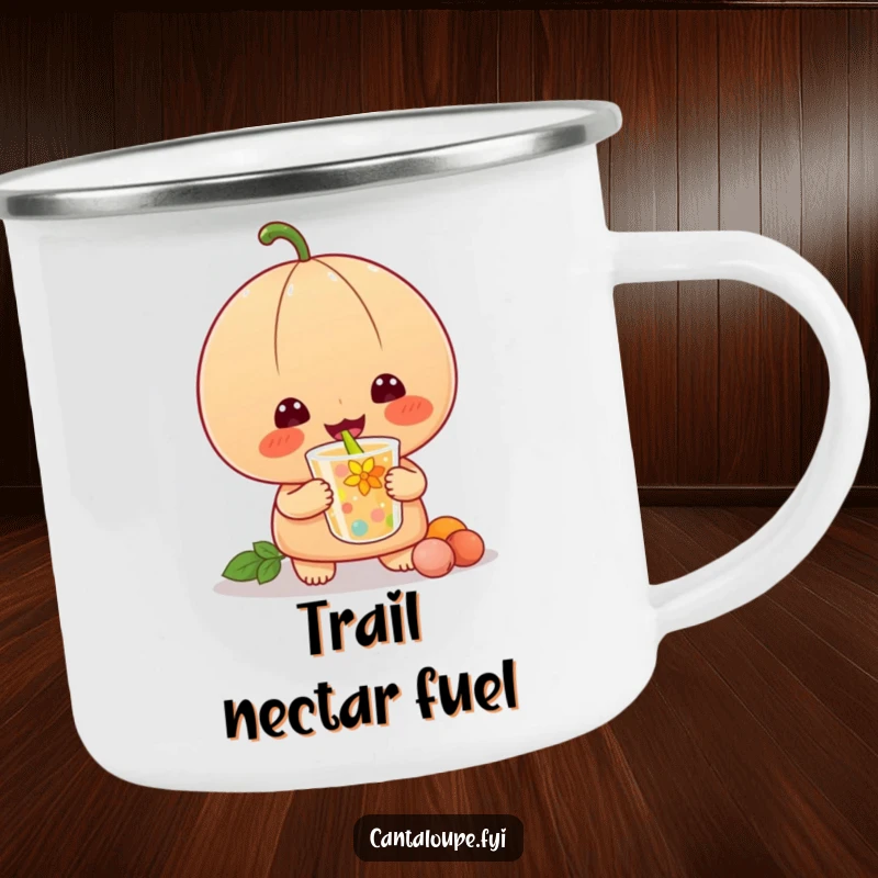 Funny enamel camping mug featuring a cantaloupe character happily slurping a colorful drink, perfect for outdoor enthusiasts.