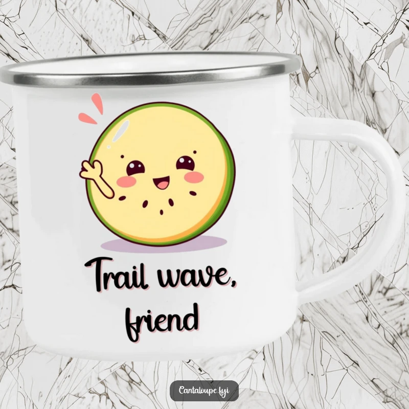 Funny camping mug showing a jolly cantaloupe slice character waving a refreshing greeting, perfect for outdoor enthusiasts.