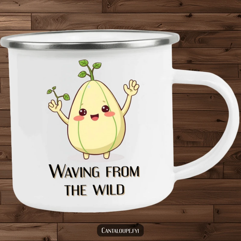 Funny Camping Mug: A happy cantaloupe with vine arms waves hello. Great for outdoor fun and a funny gift.