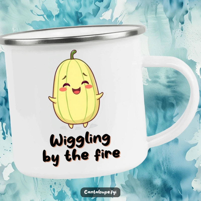 Funny camping mug showcasing a grinning cantaloupe character wiggling with pure joy, perfect for outdoor happiness.
