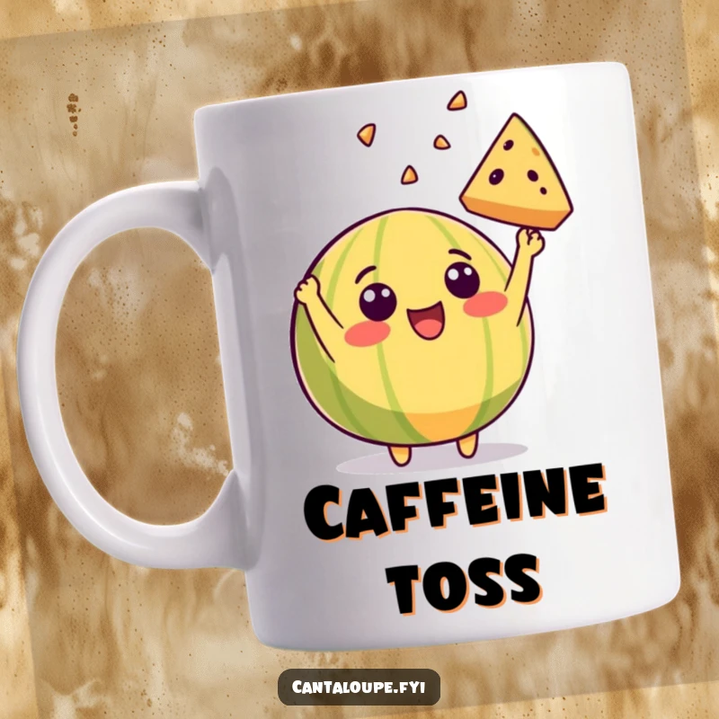 Funny mug featuring a beaming cantaloupe character excitedly throwing a slice of itself into the air with pure joy.
