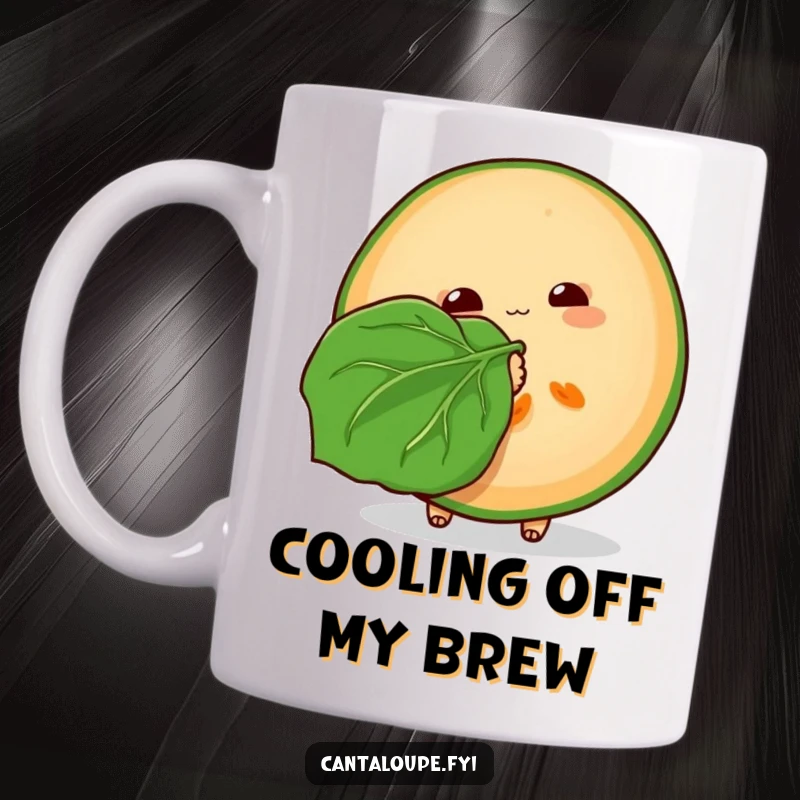 Funny Cantaloupe Mug: A cantaloupe slice looking cool and relaxed, fanning itself with a large leaf, perfect for a humorous break.