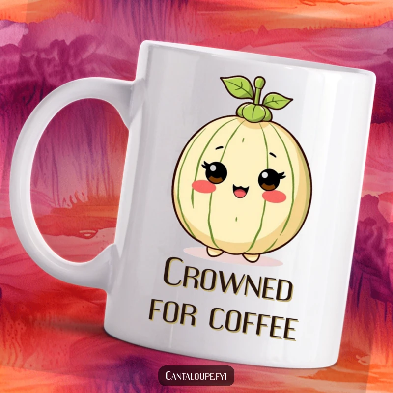 Funny Mug: Cantaloupe character proudly wearing a tiny green stem hat, exuding charm and fruity self-importance.
