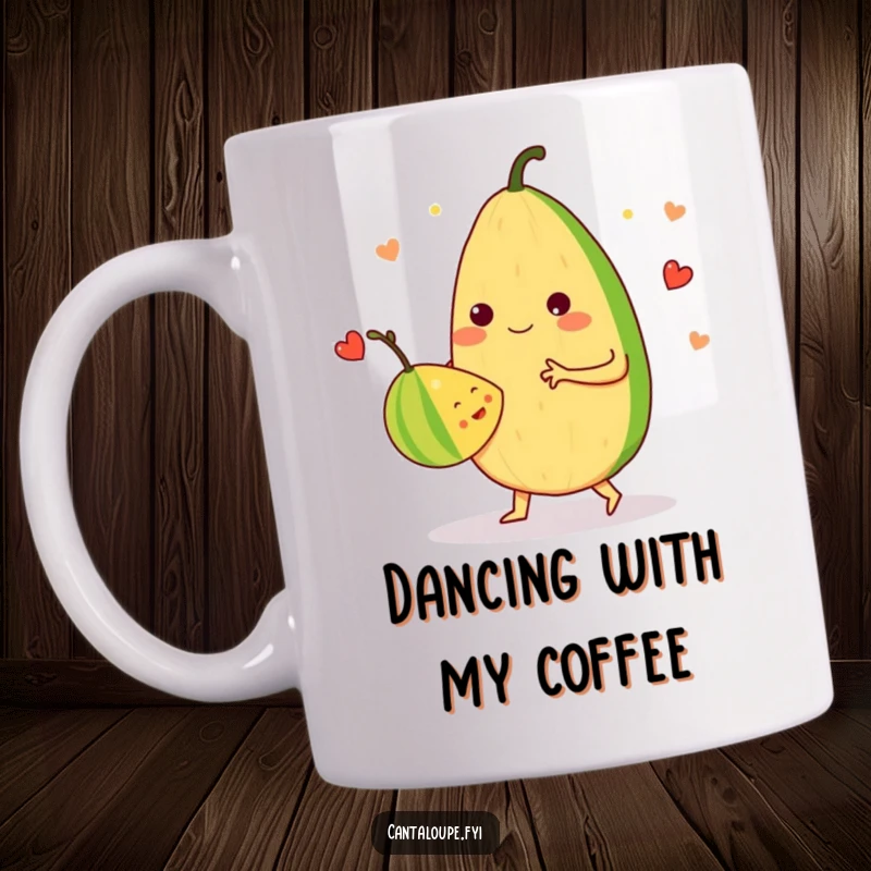 Funny Mug: An anthropomorphic cantaloupe dances a merry waltz with another fruit, celebrating fruity friendship and fun.