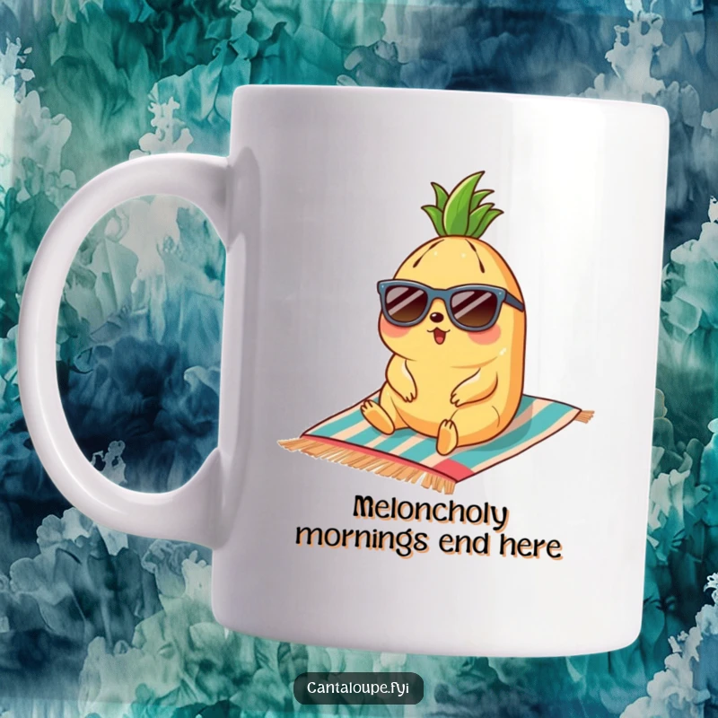 Funny cantaloupe character with sunglasses lounging on a beach towel, embodying pure relaxation and summer fun.