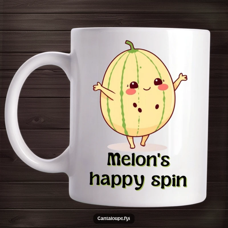 Funny mug showing a cheerful cantaloupe character with small feet, doing a cartwheel with pure delight.