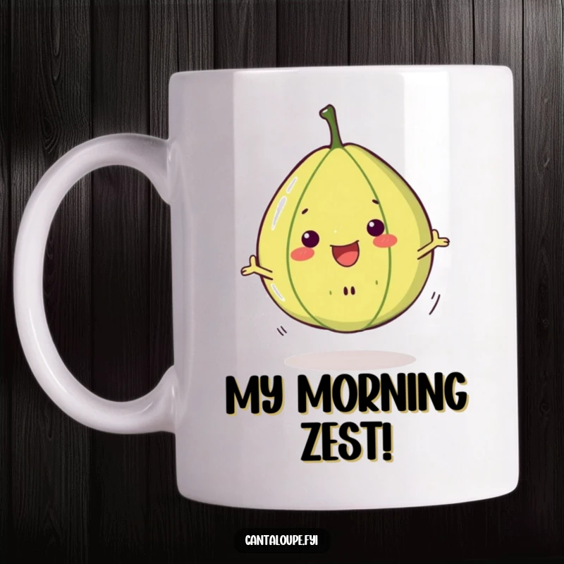 Funny Cantaloupe Slice Mug: A single, anthropomorphic cantaloupe piece in a joyful, spinning pose, radiating pure delight.