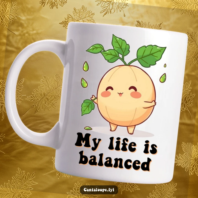 Funny cantaloupe character skillfully juggling dew-kissed leaves, showcasing its playful and energetic personality, a delightful visual gag.