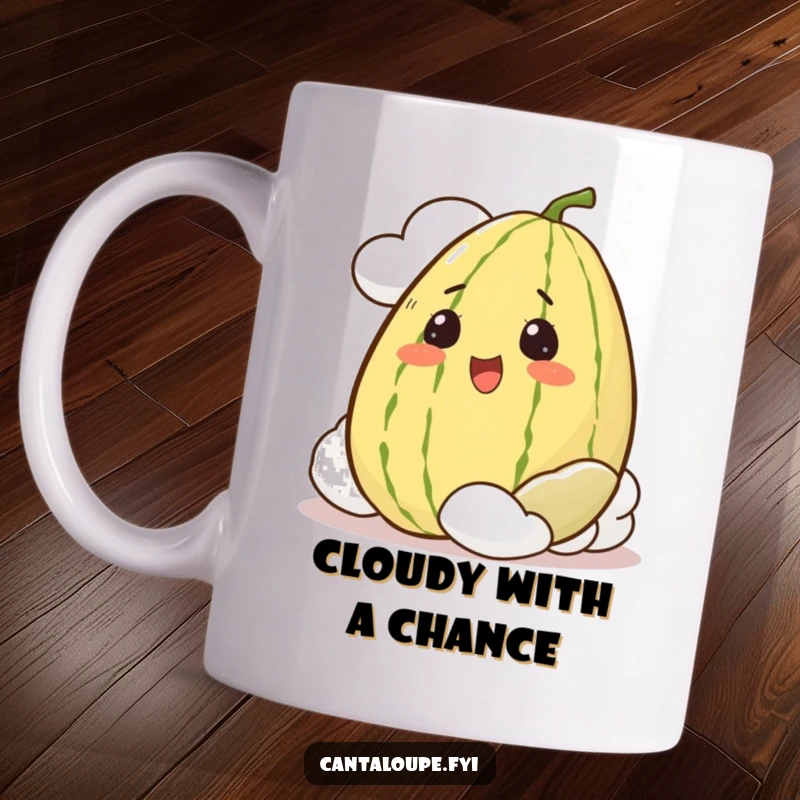 Funny Mug with a whole cantaloupe character showing an excited expression while playfully peeking from behind a fluffy white cloud.
