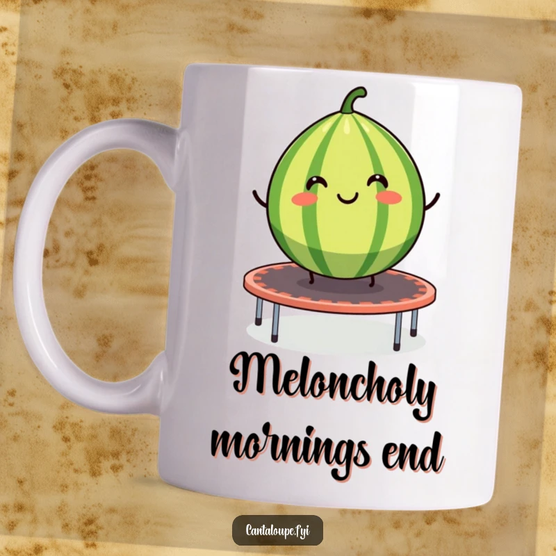 Funny cantaloupe mug featuring a smiling segment of cantaloupe happily bouncing on a trampoline.