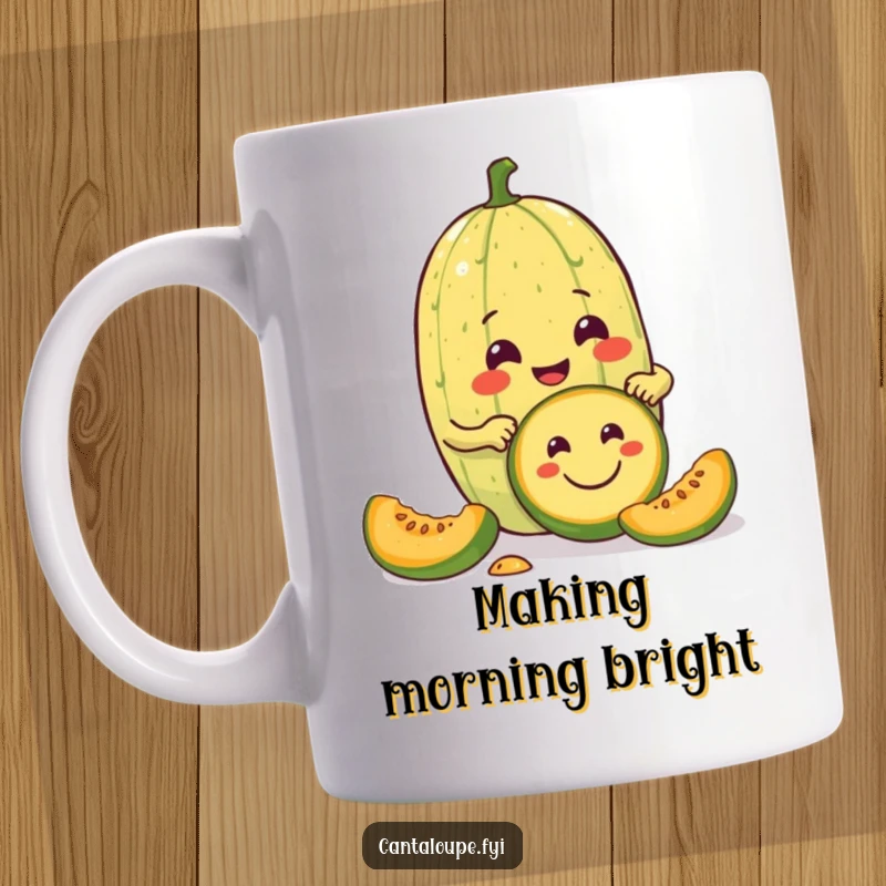 Funny mug featuring a cantaloupe character enthusiastically carving a smiley face into a smaller melon, a symbol of creative joy.