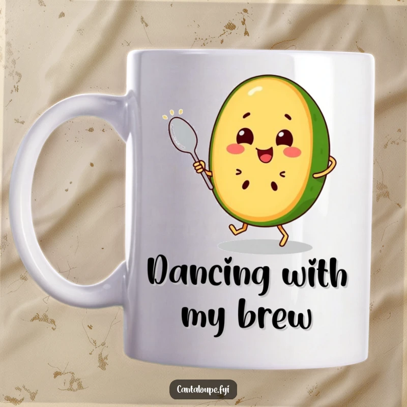Funny Cantaloupe Slice Mug: A cheerful cantaloupe character joyfully dances with a spoon, radiating pure happiness and musical energy. Great for a smile.