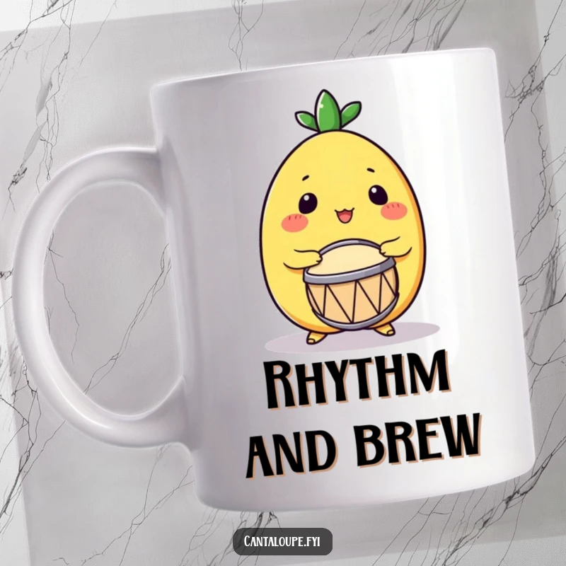Funny Drumming Cantaloupe Mug: A cantaloupe character energetically playing a small, round drum, looking thrilled and focused on the beat.
