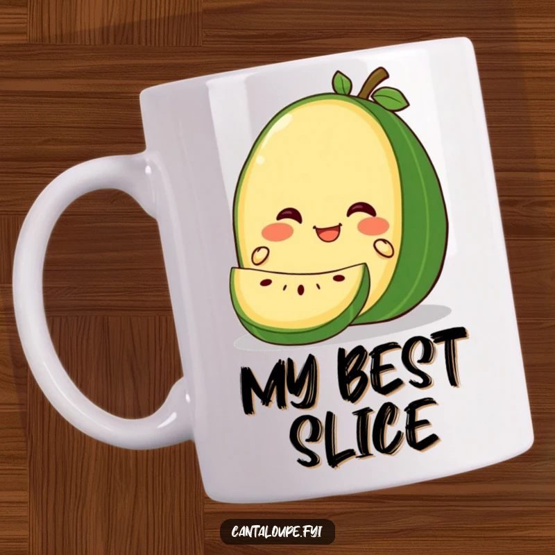 Funny Gleeful Cantaloupe Mug: A cantaloupe character with a huge smile, looking genuinely happy as a gentle knife slices through it.